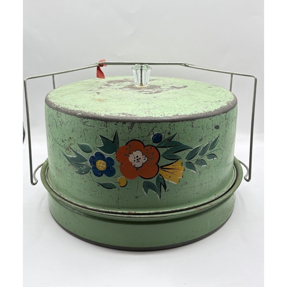 Vintage Aluminum Green Floral Hand Painted 10" Cake Keeper Carrier Lucite Knob